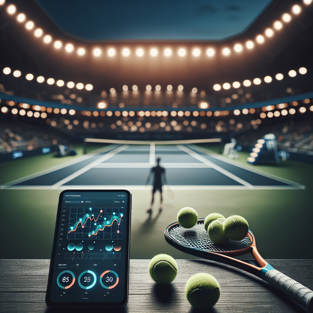 Tennis editorial still life with analytics tablet, racket, balls before upcoming tournaments